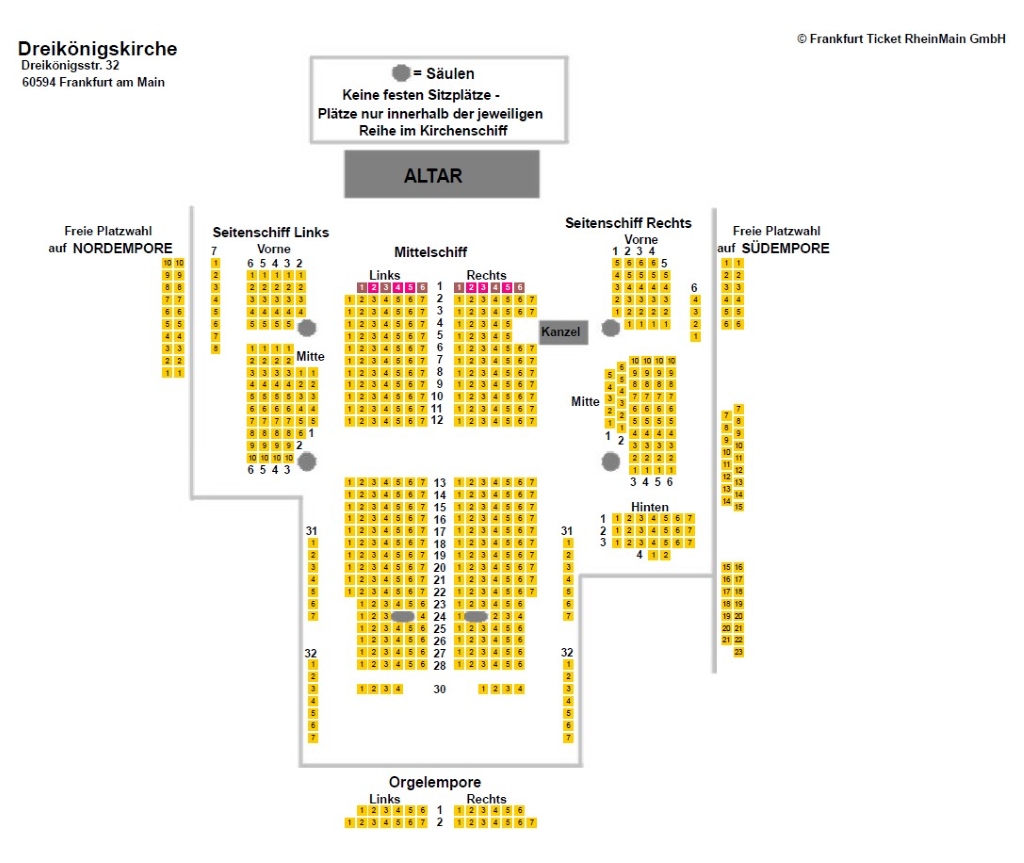 Dreikönigskirche Saalplan für Chorkonzerte | Vorverkaufsplan bei Frankfurt-Ticket RheinMain